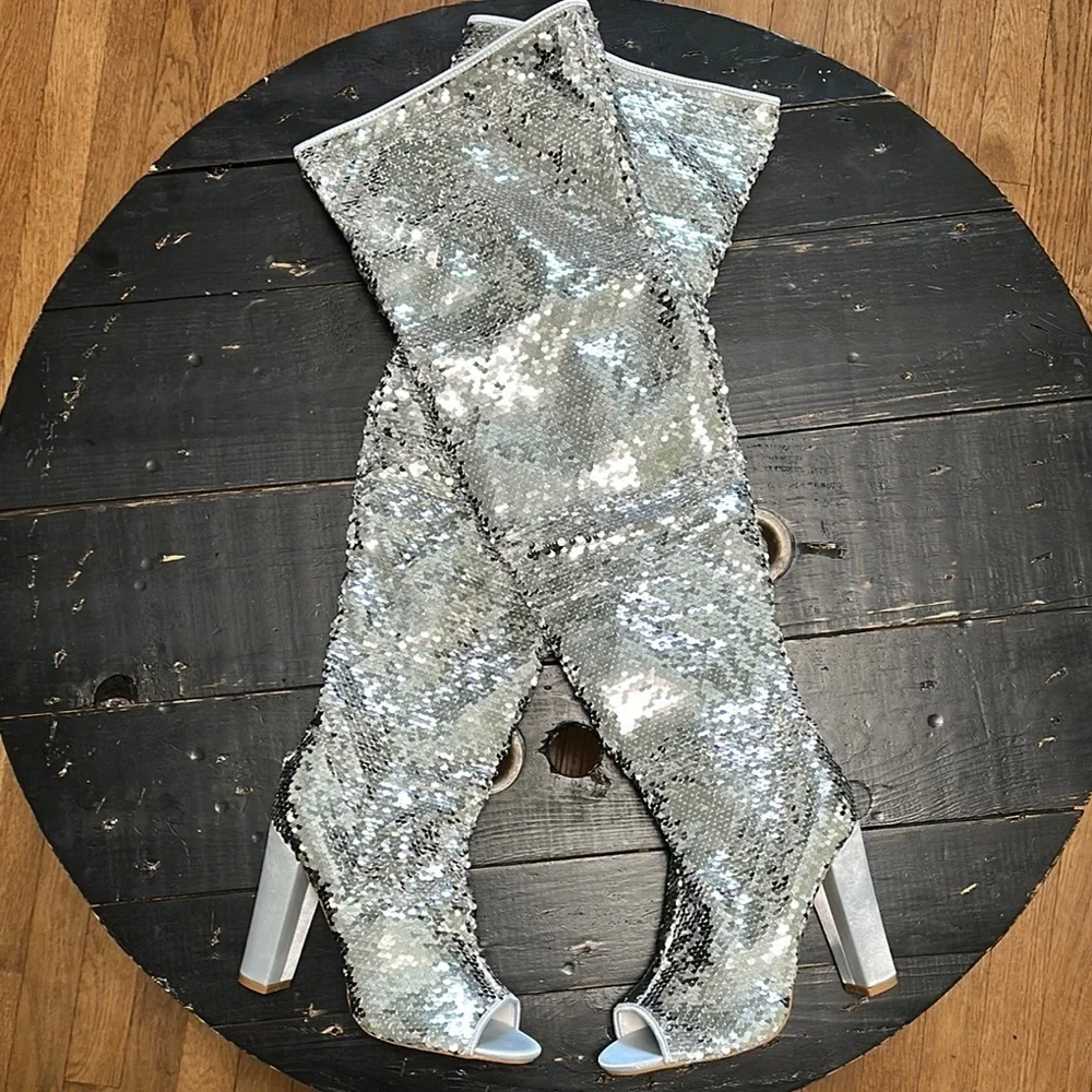KHPAERMEI Sparkly Thigh High Open Toe Chunky High Heel Boots - Silver Sequin